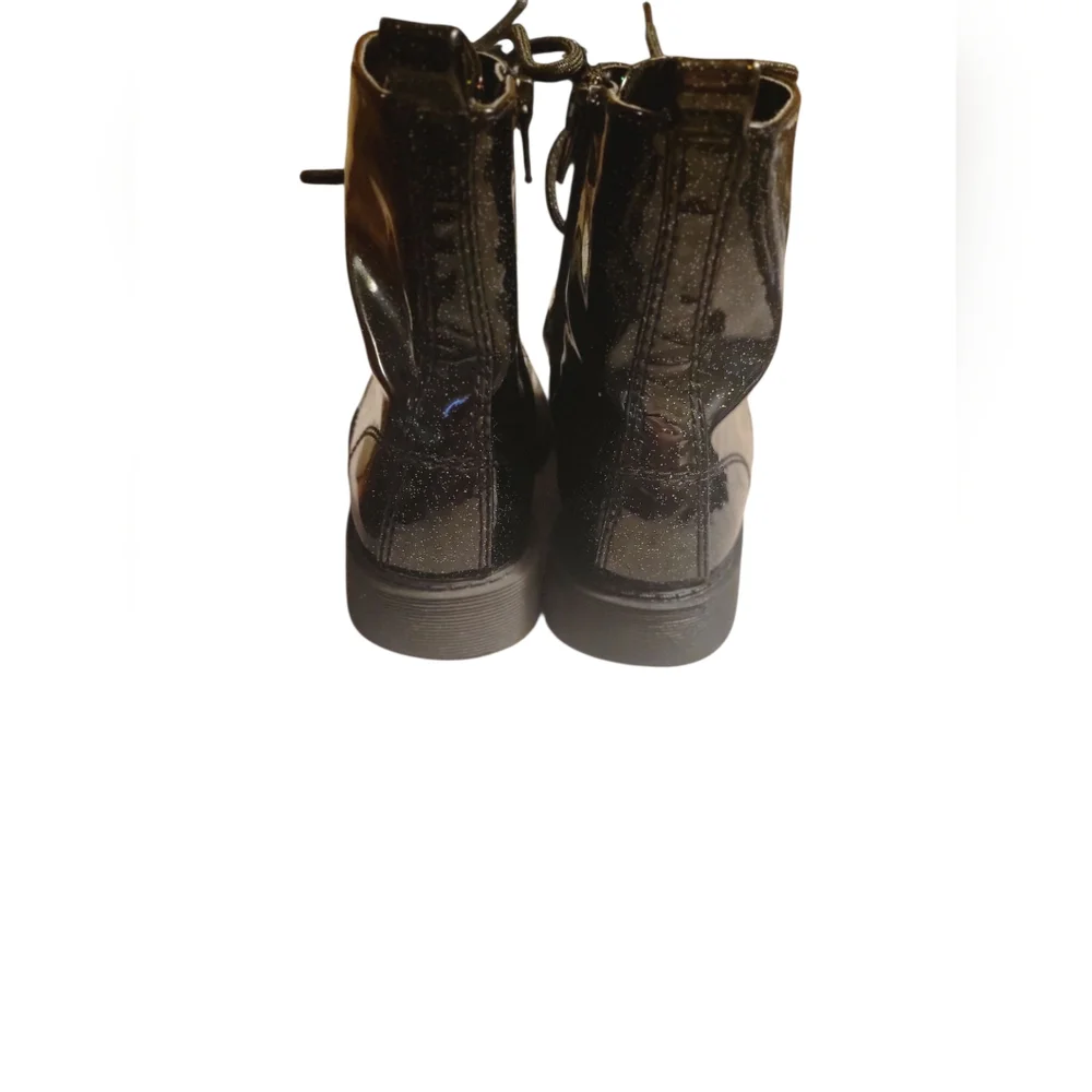 Little Girl's Black Faux Leather Zip-Up Casual Glitter Ankle Combat Boots, Sz 3